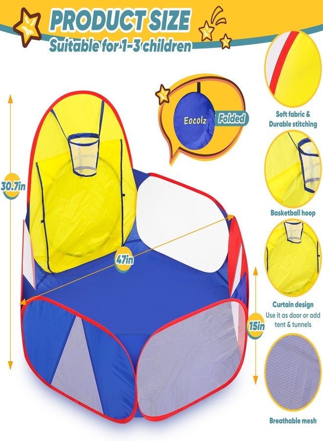 Eocolz Kids Ball Pit Large Pop Up Childrens Ball Pits Tent for Toddlers Playhouse Baby Crawl Playpen with Basketball Hoop and Zipper Storage Bag, 4 Ft/120CM, Balls Not Included (Blue Yellow Red) - Image 2